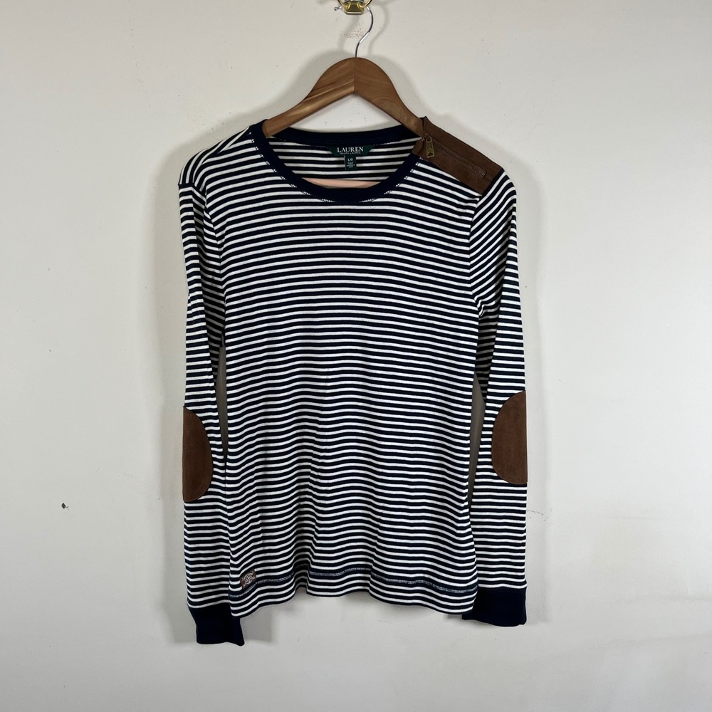 Lauren Ralph Lauren Striped Long Sleeve Shirt Faux Leather Elbow Patches Large